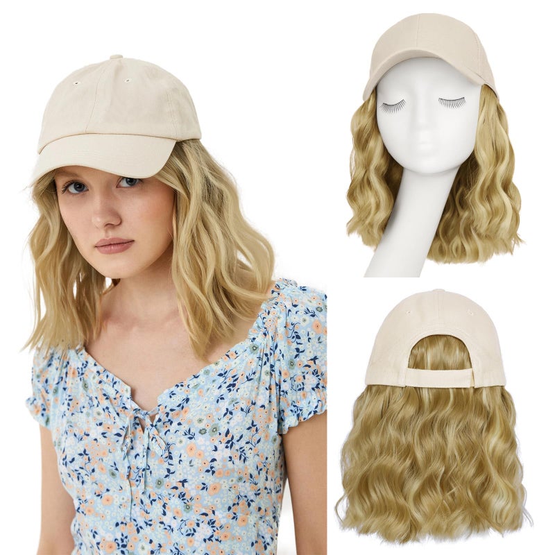 FORCUTEU Hat Wigs for Women Baseball Cap with Hair Extensions Short Wave Synthetic baseball Cap Wig for Women Adjustable Hat with Hair Attached for Daily Use14inch